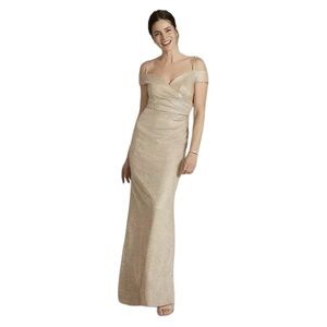 Oleg Cassini Metallic Cold Shoulder Gown Champagne 16 NWT
